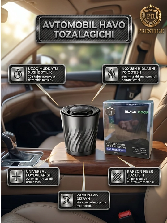 Avtomobil havo tozalagichi BLACK ODOR BO-2 karbon dizaynli xushboylantirgich, 70g - 