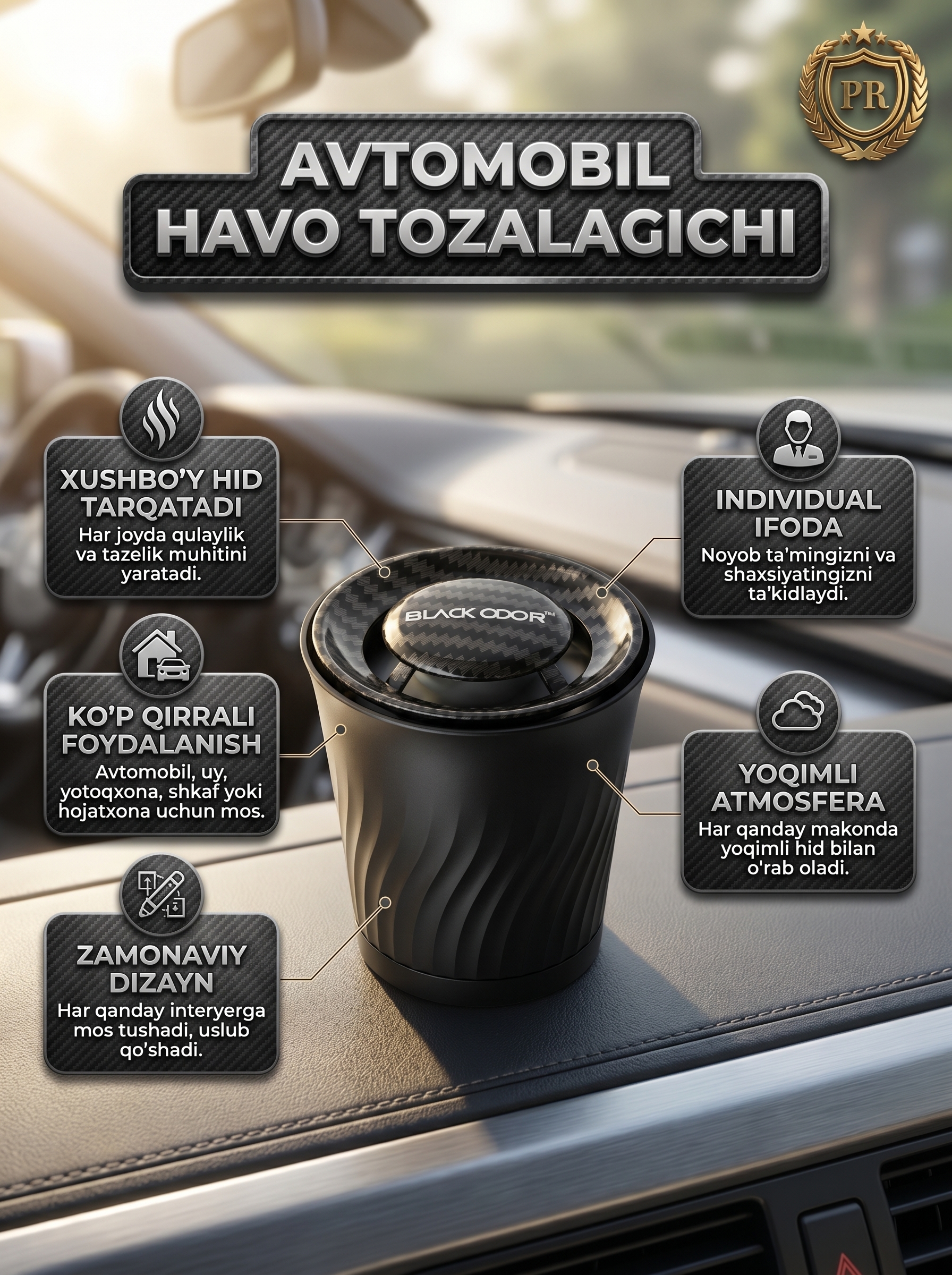 Avtomobil havo tozalagichi BLACK ODOR BO-2 karbon dizaynli xushboylantirgich, 70g