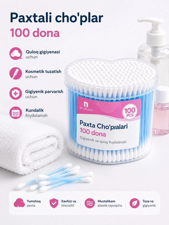 Ватные палочки, 100 шт., эко, для чистки ушей, 100% хлопок