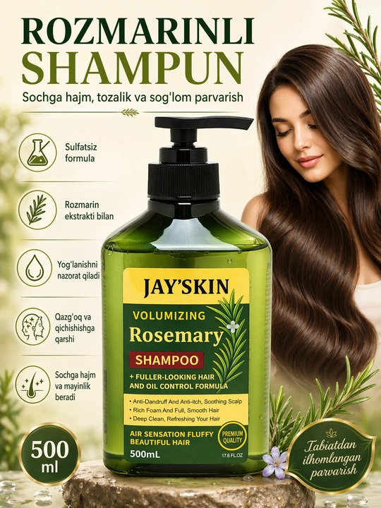 Sochlarni mustahkamlash va o‘stirish uchun rozmarin shampuni, Jay’skin Canada, 500 ml - 