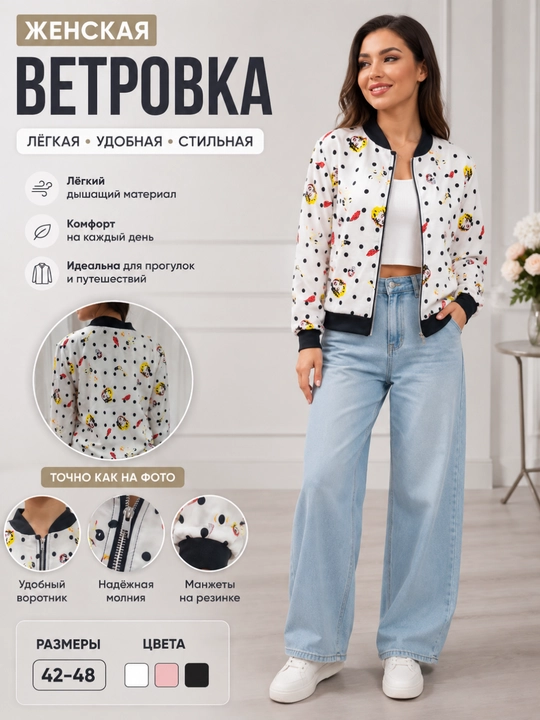 Ayollar uchun printli bomber-vetrovka, yengil mavsumiy kurtka, fermuarli