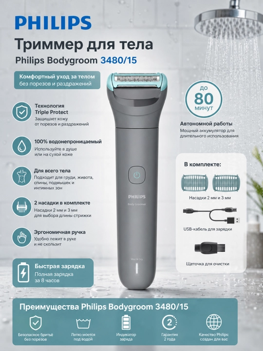 PHILIPS BG3480/15 Bodygroom Series 3000 — триммер для тела, влажное и сухое бритьё - 