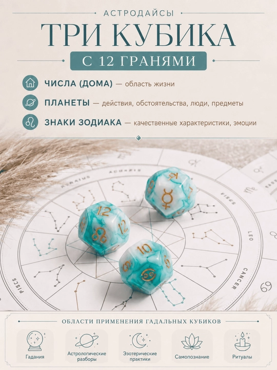 Fol ochish va ezoterik amaliyotlar uchun astrologik kubiklar, 3 dona to‘plam