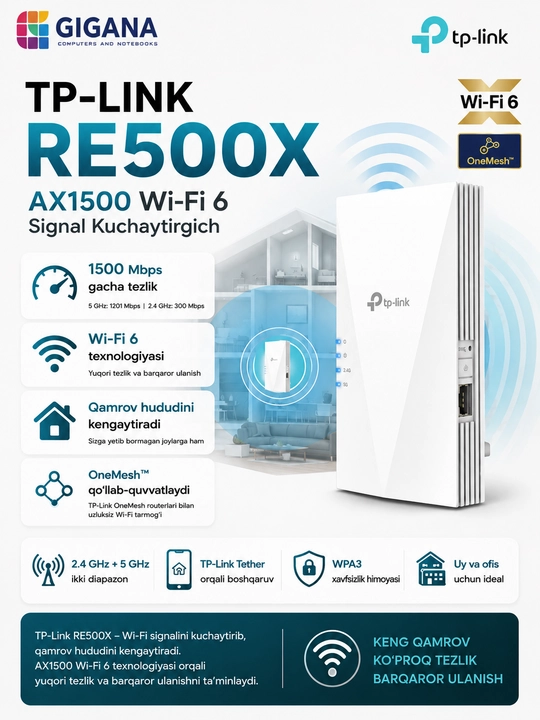 Ikki diapazonlik Wi-Fi signal kuchaytirgich Tp-Link RE500X AX1500 Wi Fi6 - 