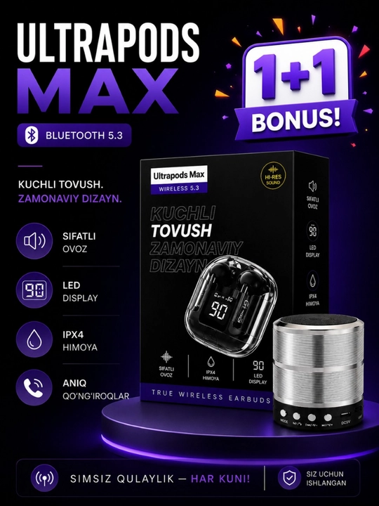 Ultrapods Max simsiz quloqchinlari + WS-887 Bluetooth karnay (1+1 bonus)
