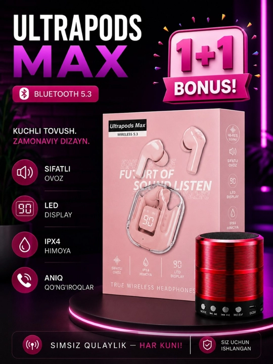 Ultrapods Max simsiz quloqchinlari + WS-887 Bluetooth karnay (1+1 bonus)
