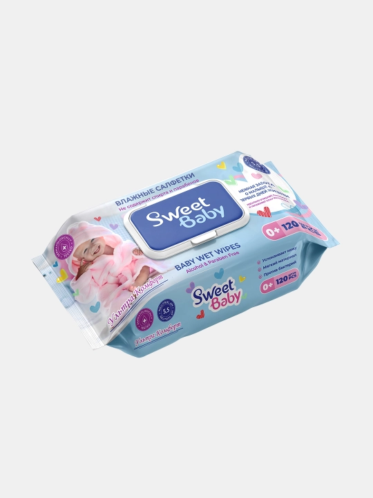 Bolalar va oilaviy nam salfetkalari qopqoqli, gipoallergen, 120 dona