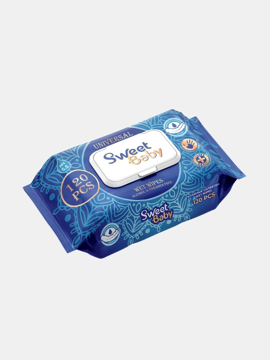 Bolalar va oilaviy nam salfetkalari qopqoqli, gipoallergen, 120 dona