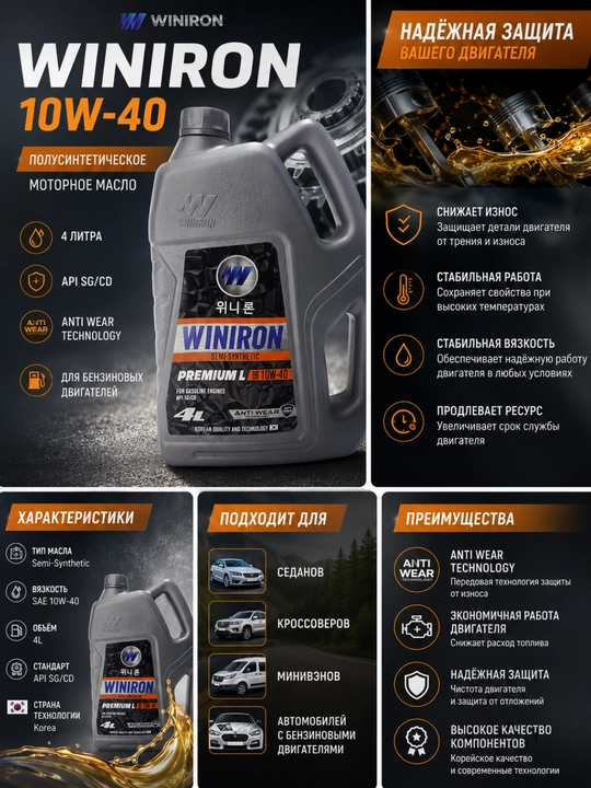 Масло моторное WINIRON 10W-40 Semi Synthetic 4 л для бензиновых двигателей - 