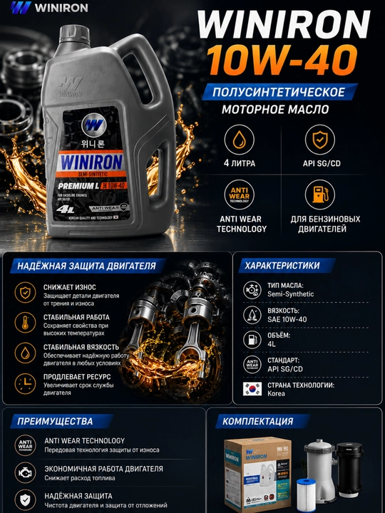 WINIRON 10W-40 Semi Synthetic 4L benzin dvigatellari uchun