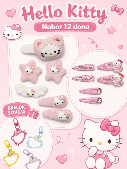 Набор из 12 заколок для волос Hello Kitty + брелок в подарок — KIBRIYO-TUPLAM12TALIK-РОЗОВ