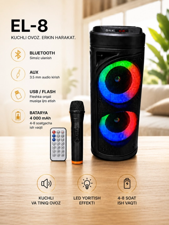 Bluetooth karnay, portativ kolonka, mikrofonli speaker, EL-8, karaoke karnay, LED kolonka - 