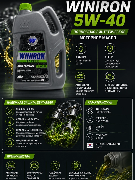 Моторное масло WINIRON Molygreen 5W-40 Fully Synthetic API SP, 4 л - 