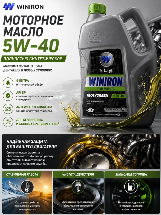 WINIRON Molygreen 5W-40 Fully Synthetic API SP motor moyi, 4 litr