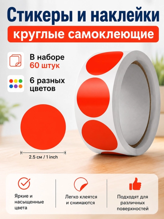 Цветные круглые стикеры, наклейки, стикер, розовый, красный, жёлтый, зелёный, синий, 60 шт