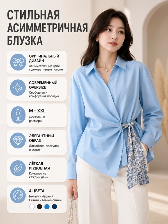Ayollar uchun assimetrik ko‘ylak-bluzka,oversize fason, bog‘ichli dizayn, uzun yeng, M-XXL - 