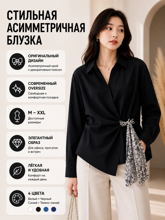 Ayollar uchun assimetrik ko‘ylak-bluzka,oversize fason, bog‘ichli dizayn, uzun yeng, M-XXL - 