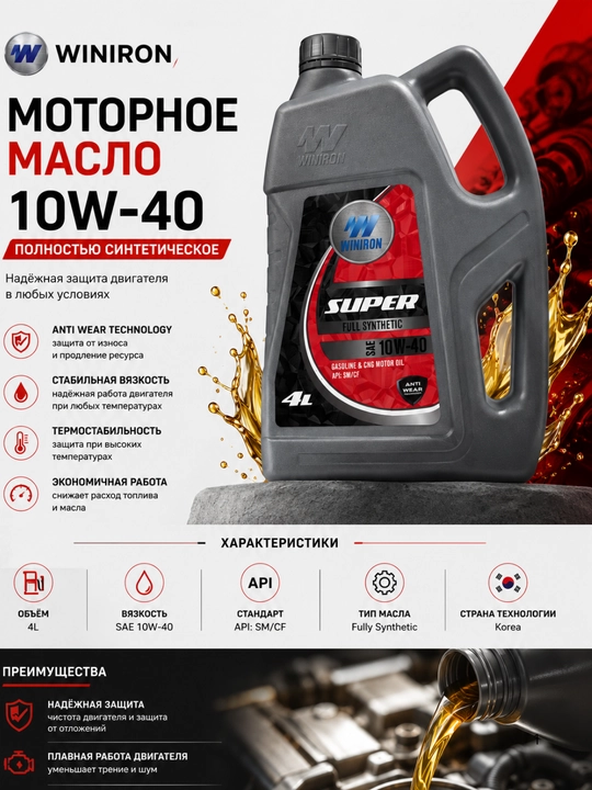 Моторное масло WINIRON Super 10W-40 Fully Synthetic API SN/CF, 4 л - 