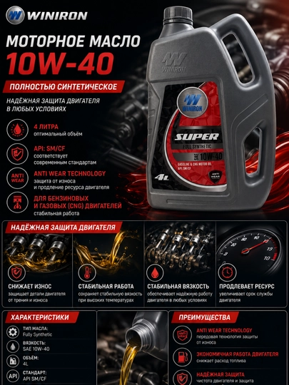 WINIRON Super 10W-40 Fully Synthetic API SN/CF motor moyi, 4 litr