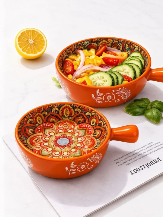 Керамическая салатная миска с узором и ручкой