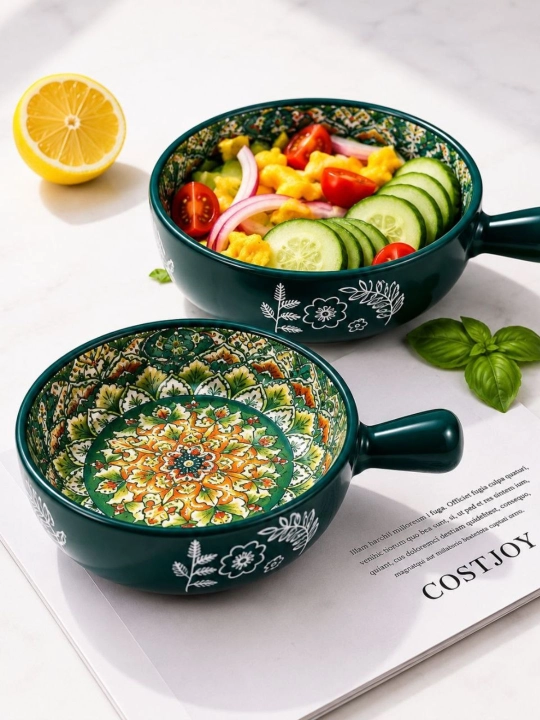 Керамическая салатная миска с узором и ручкой - 