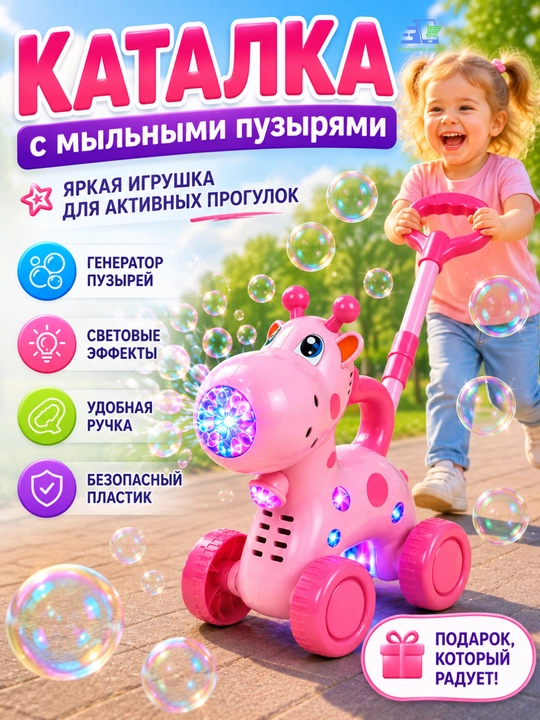 Каталка Жираф с мыльными пузырями детская, генератор пузырей, музыкальная