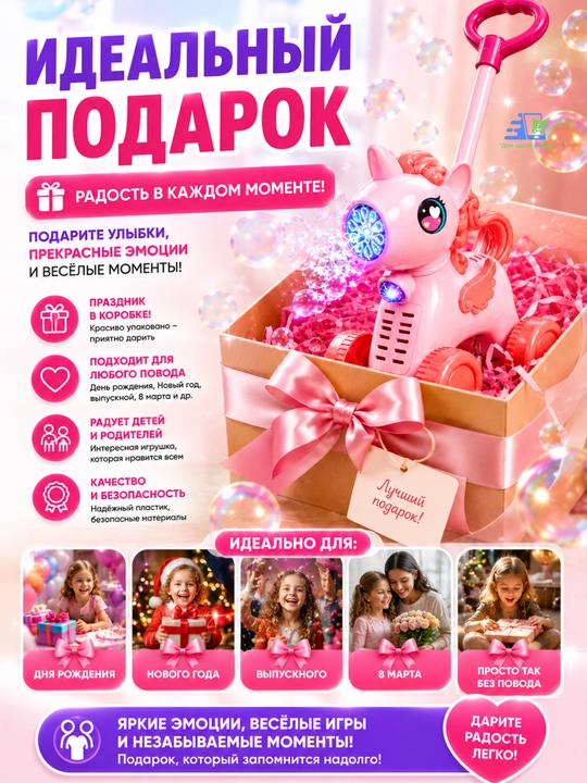 Каталка Жираф с мыльными пузырями детская, генератор пузырей, музыкальная