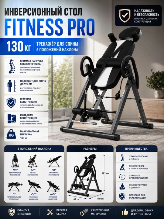 Инверсионный стол Fitness Pro, 130 кг, тренажёр для спины, 6 положений, чёрный - 