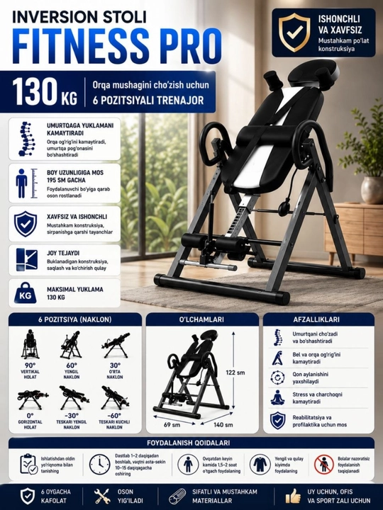Fitness Pro inversion stoli, 130 kg, orqa uchun trenajyor, 6 holatda, qora