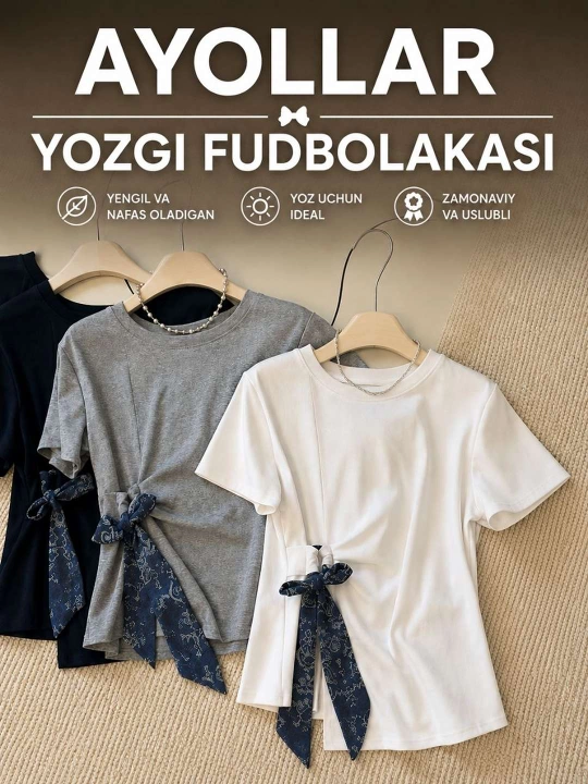 Zamonaviy ayollar va qizlar belbog‘li futbolkasi, bahor va yoz uchun futbolka