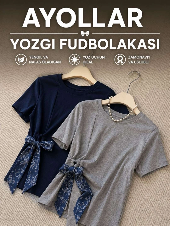 Zamonaviy ayollar va qizlar belbog‘li futbolkasi, bahor va yoz uchun futbolka