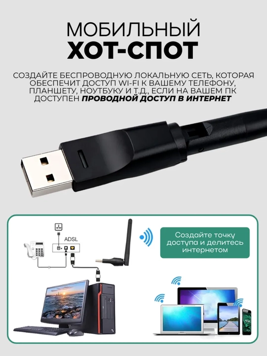 Simsiz mini adapter Wi-Fi USB, shovqinsiz 600 Mbs, WIN10/WIN11, 200 metrgacha