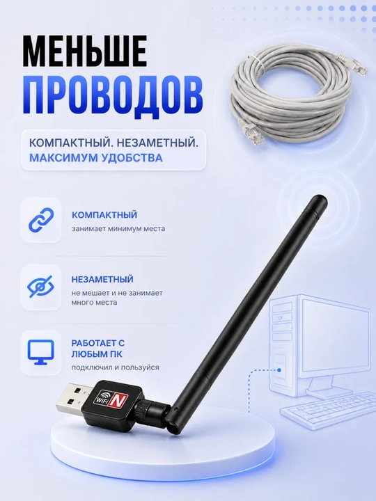 Simsiz mini adapter Wi-Fi USB, shovqinsiz 600 Mbs, WIN10/WIN11, 200 metrgacha