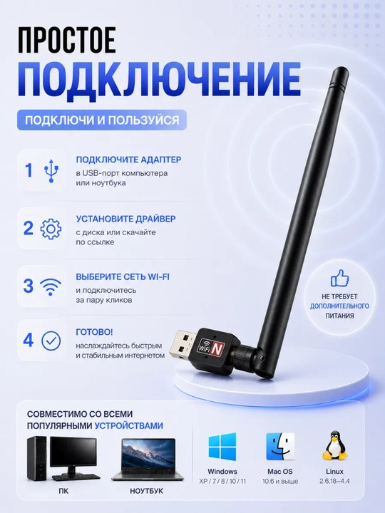 Simsiz mini adapter Wi-Fi USB, shovqinsiz 600 Mbs, WIN10/WIN11, 200 metrgacha