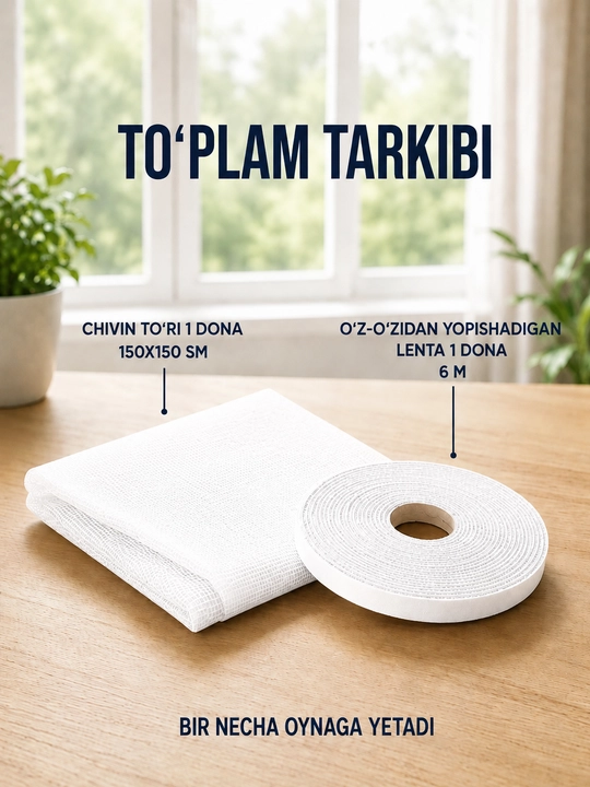 150x150 sm o‘lchamli, hasharot va changdan himoyalovchi universal deraza moskit to‘ri