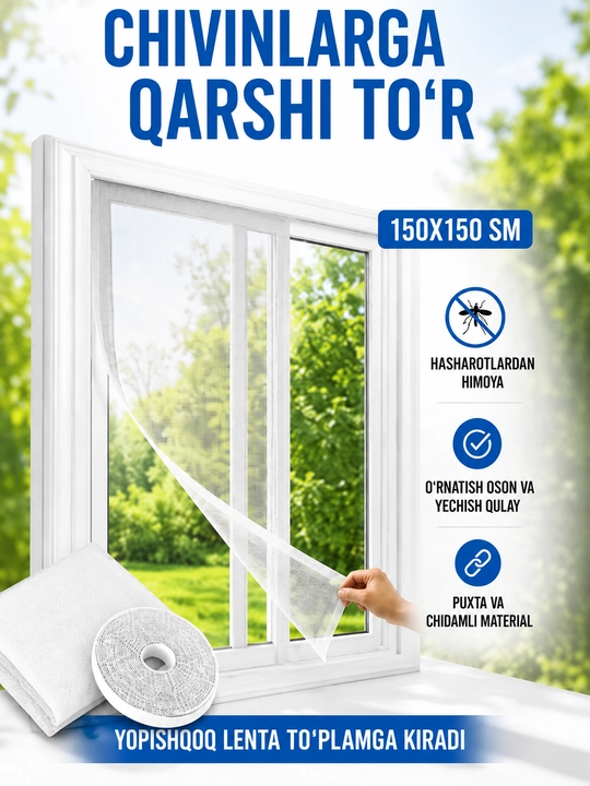 150x150 sm o‘lchamli, hasharot va changdan himoyalovchi universal deraza moskit to‘ri