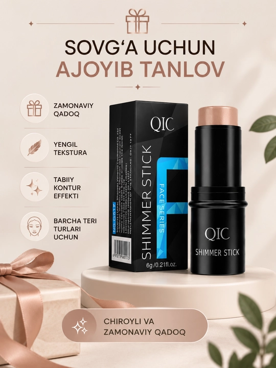 QIC Shimmer Stick Kontur Stik – Krem Konsiler va Bronzer, 12 Soat Ta'sir
