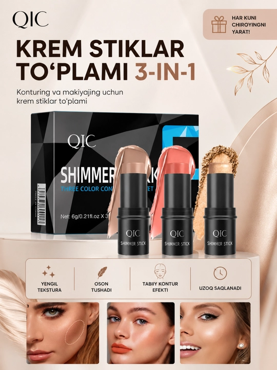QIC Shimmer Stick Kontur Stik – Krem Konsiler va Bronzer, 12 Soat Ta'sir