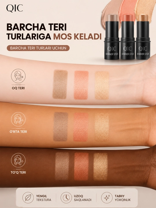 QIC Shimmer Stick Kontur Stik – Krem Konsiler va Bronzer, 12 Soat Ta'sir