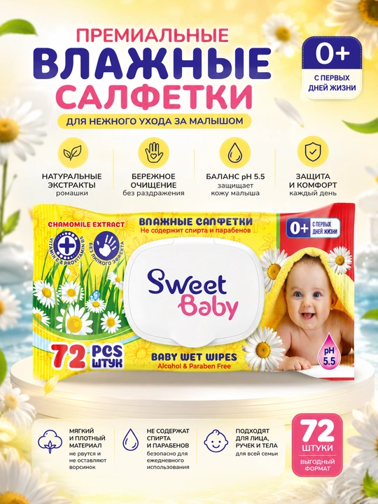Детские и семейные влажные салфетки с крышкой, гипоаллергенные, SweetBaby EliteSoft, 72 шт - 
