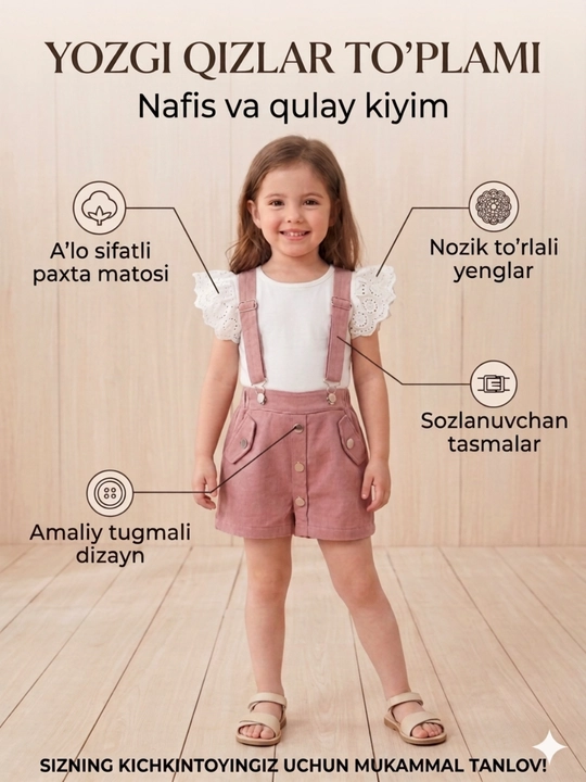 Qizlar uchun pushti rangli 2 qismli kiyim to‘plami – kombinezon shortik + kofta - 