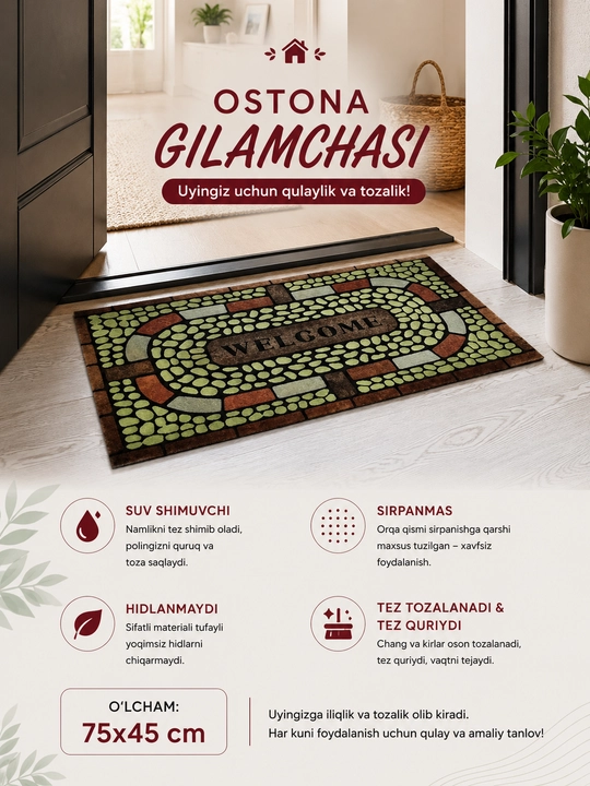 Ofis, do'kon, eshik oldi uchun sirpanmas chang yutuvchi gilamchalar 120x80 cm, 75x45 cm