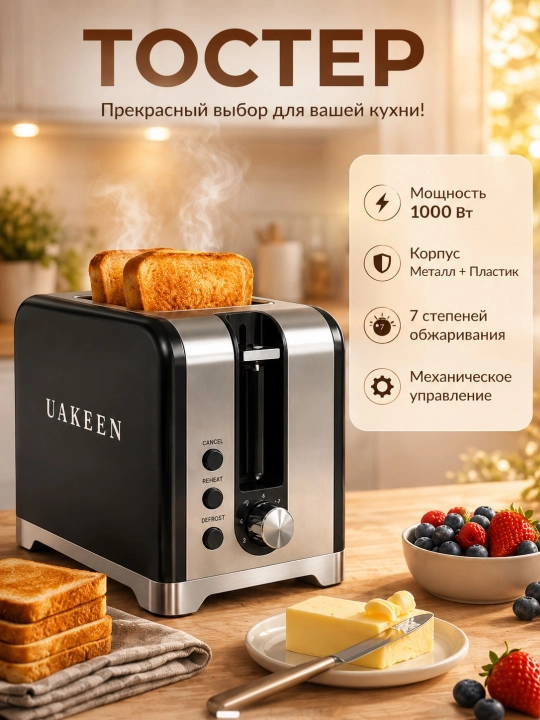 UAKEEN ZL-2104 toster 1000W ikki bo'limli non qizdirgich - 
