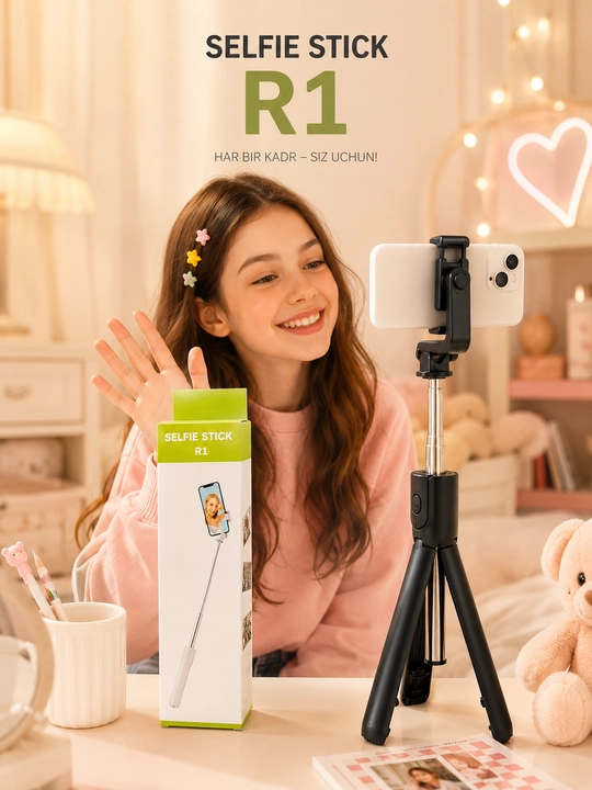 Selfie Stick R1 3-in-1 Bluetooth Monopod va Tripod, 70 sm, Qora