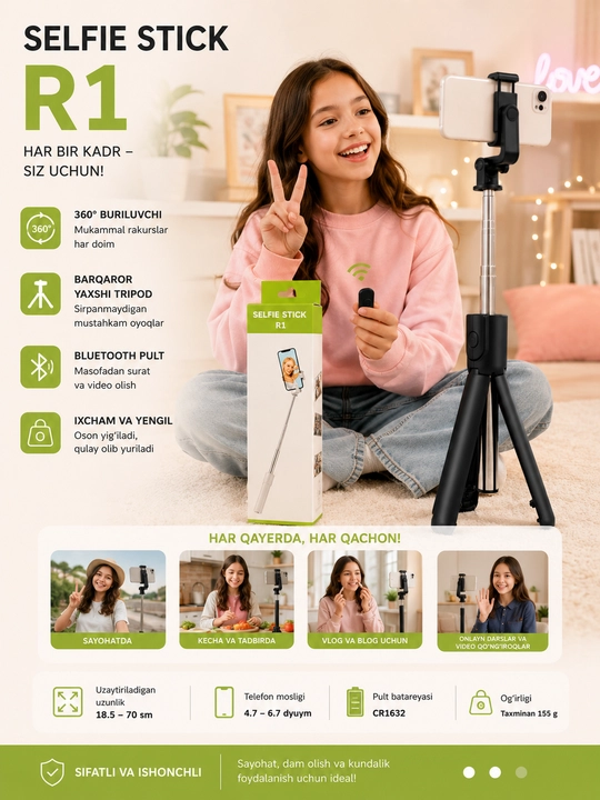 Selfie Stick R1 3-in-1 Bluetooth Monopod va Tripod, 70 sm, Qora