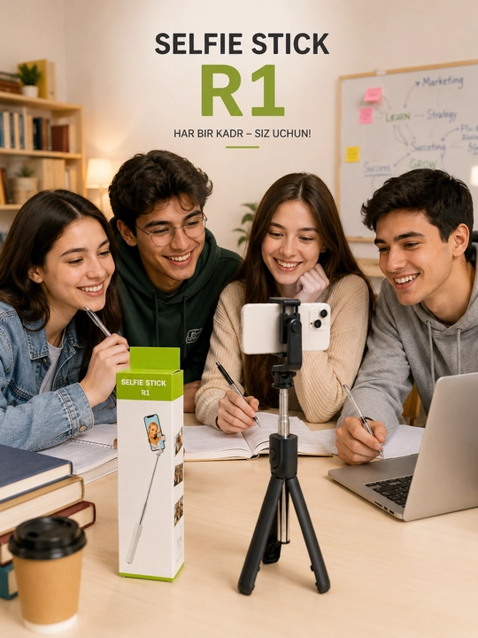 Selfie Stick R1 3-in-1 Bluetooth Monopod va Tripod, 70 sm, Qora