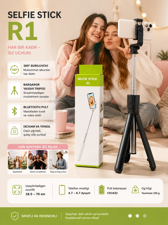Selfie Stick R1 3-in-1 Bluetooth Monopod va Tripod, 70 sm, Qora