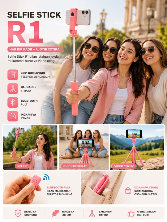 Selfie Stick R1 3-in-1 Bluetooth Monopod va Tripod, 70 sm, Qora