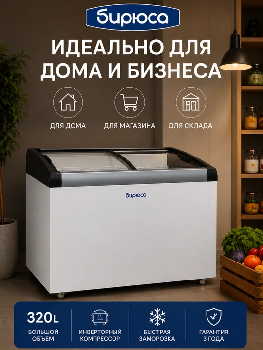 Морозильный ларь Бирюса CF32 с гнутым стеклом, 320 л, инверторный компрессор - 