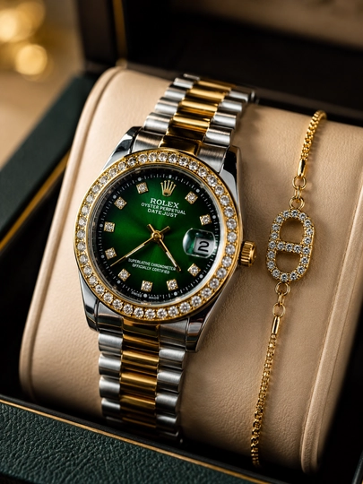 Женские наручные часы Rolex Datejust, зеленый циферблат, браслет в подарок